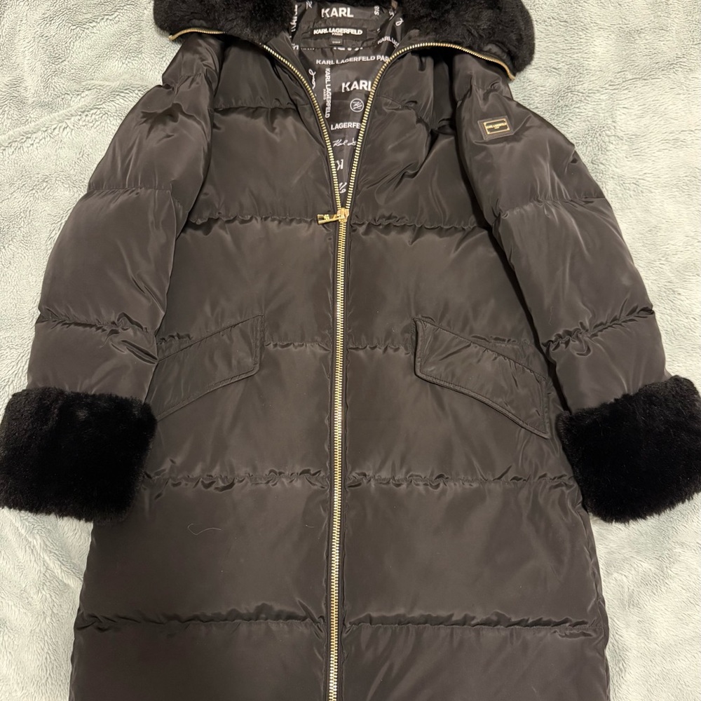 Karl Lagerfeld Black Puffer Coat with Faux Fur Trim